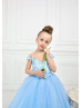 Cap Sleeves Blue Lace Tulle Floor Length Flower Girl Dress